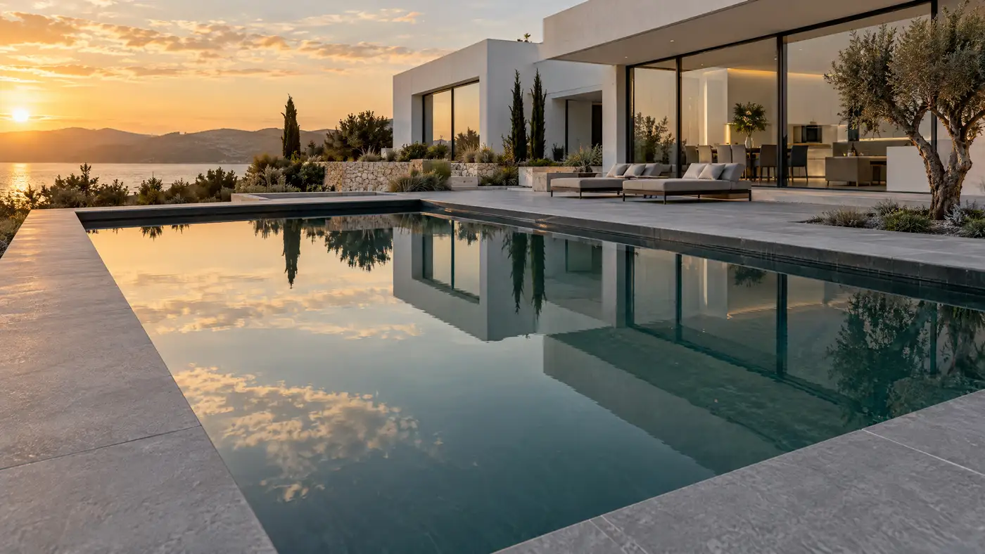 Antrasit liner kaplı modern villa havuzunda gün batımında ayna gibi yansıyan koyu yeşil-mavi su