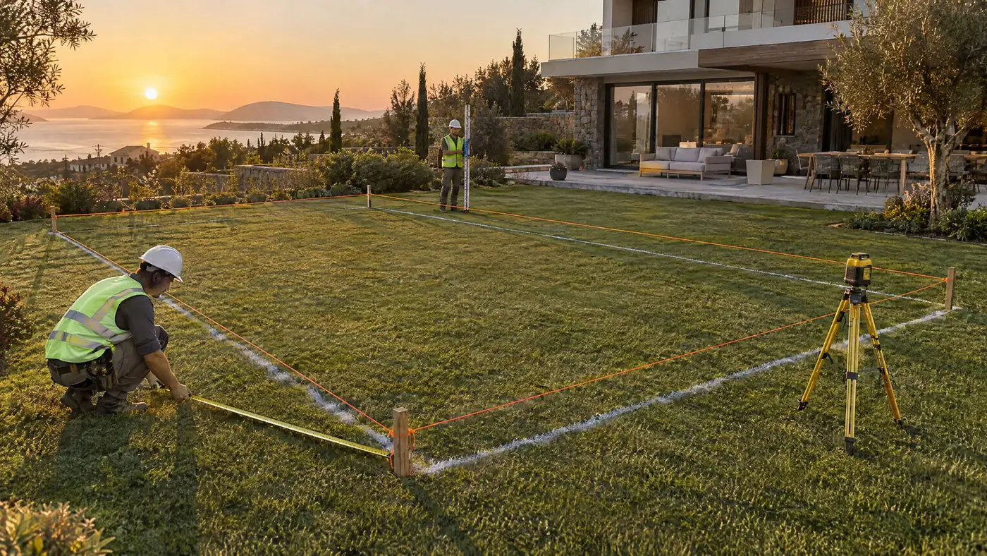 Havuz kaba inşaatının ilk günü: villa bahçesinde kazık, ip ve tebeşir çizgisiyle işaretlenmiş 8×4 metre havuz alanı, lazer nivo ve ölçüm yapan teknisyenler