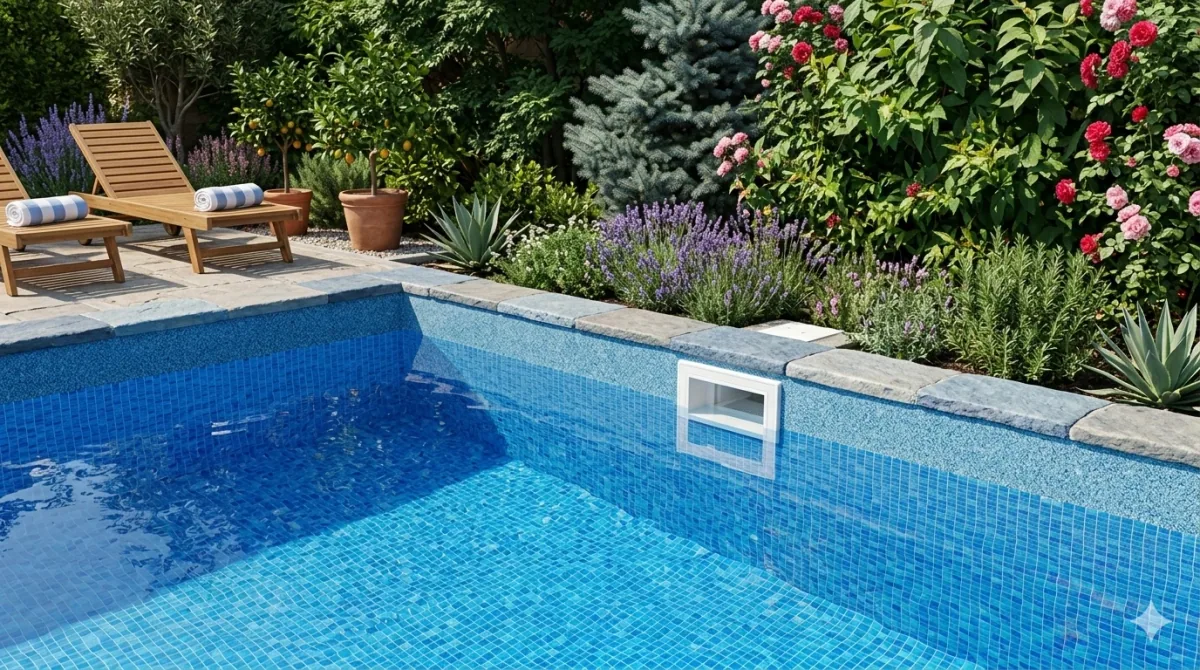 Bahçe havuzunun duvarına monte edilmiş beyaz kapaklı skimmer ve mozaik kaplamalı havuz kenarı