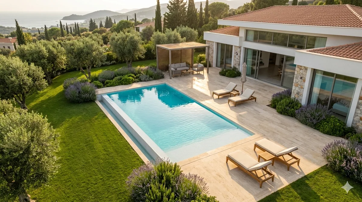 Bahçeli modern villanın travertenkaplamalı teras alanında standart ölçülerde dikdörtgen villa havuzu, zeytin ağaçları ve lavanta peyzajı