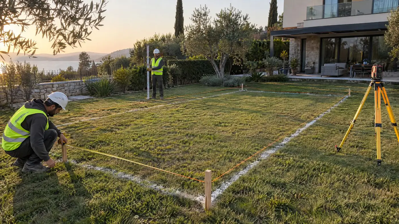 Havuz aplikasyonu: villa bahçesinde ahşap kazıklar ve turuncu iple işaretlenmiş havuz sınırı, şerit metreyle köşe ölçümü, mira tutan teknisyen ve tripod üzerinde lazer nivo