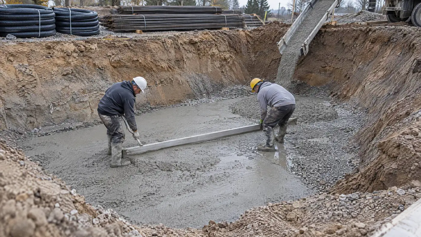 Grobeton dökümü sırasında kazı kenarında istiflenmiş nervürlü donatı demirleri ve delikli drenaj boruları, çukurda mastarla beton düzelten işçiler