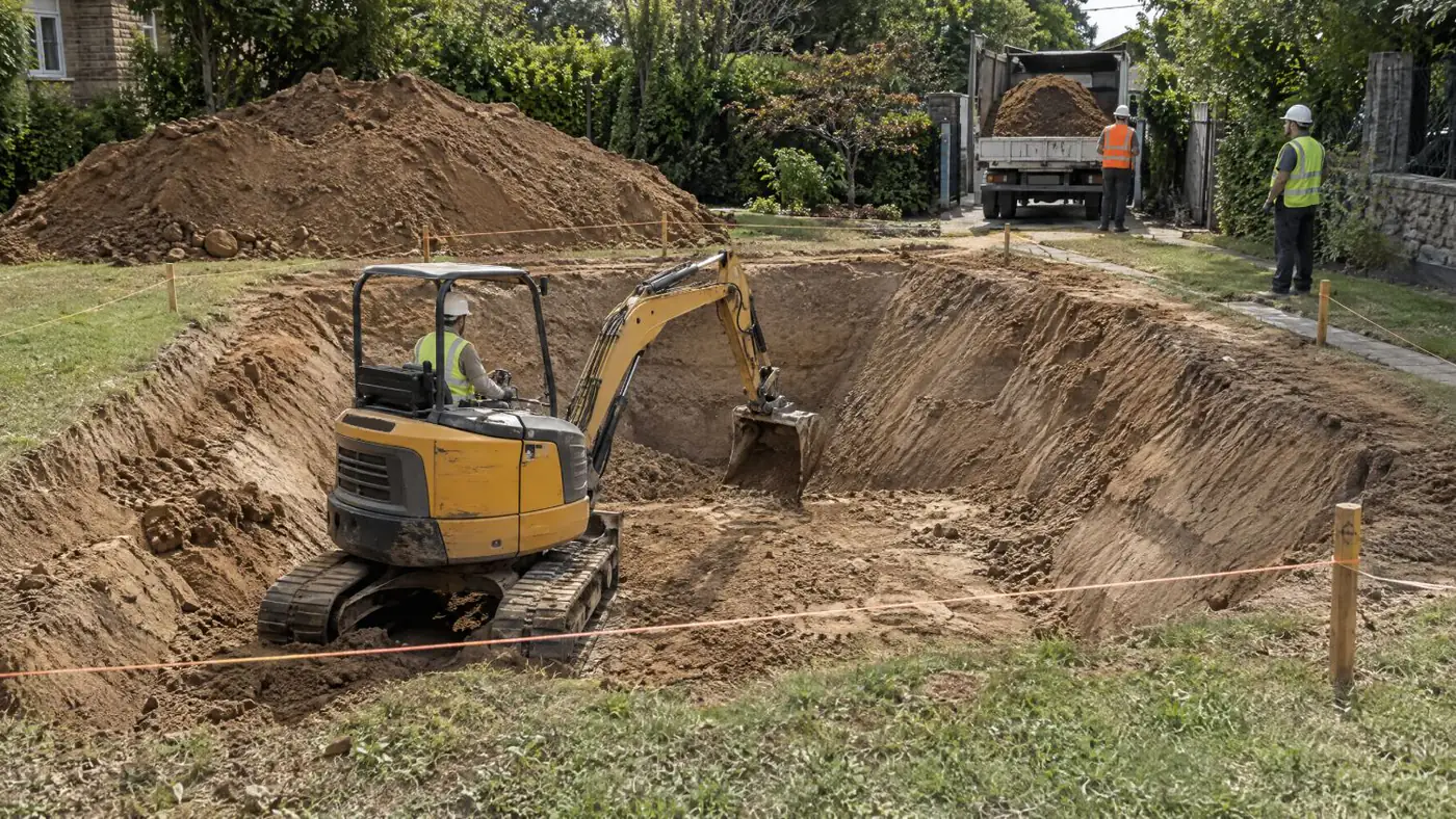 Havuz kazısı: villa bahçesinde paletli mini ekskavatörle açılan şevli kenarlı havuz çukuru, kazı sınırını gösteren kazık ve ip, uzağa yığılmış toprak ve bahçe girişinde bekleyen kamyon